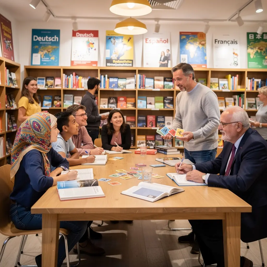 Kundin, die in einem gemütlichen Buchladen durch mehrsprachige Bücher stöbert.