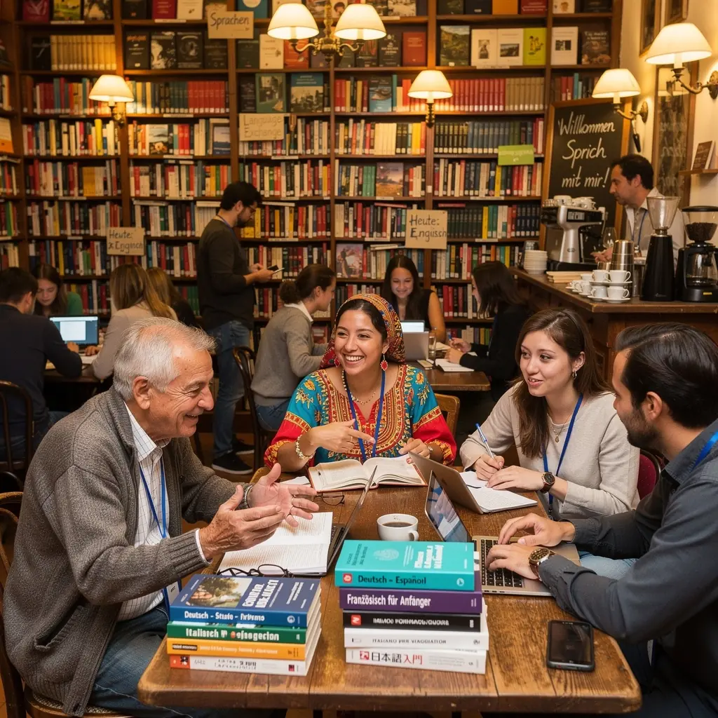 Ein Tisch mit verschiedenen internationalen Titeln und Arbeitsheften zum Sprachenlernen.