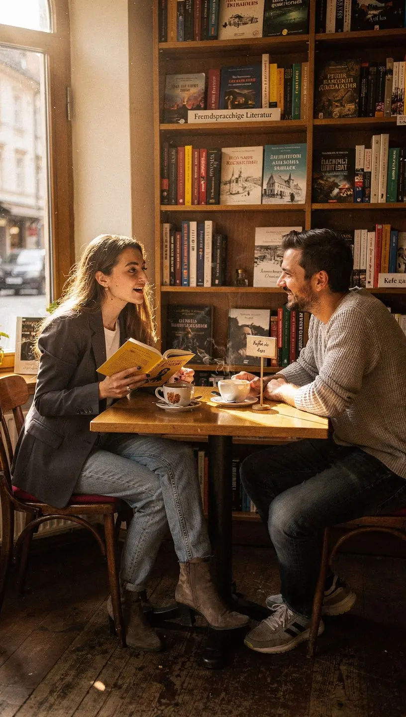 Ein Kunde, der ein Buch in einer Fremdsprache auswählt und durch die Regale stöbert.