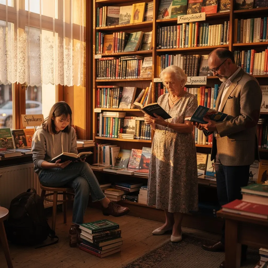 Bücherregal mit internationalen Titeln in verschiedenen Sprachen.