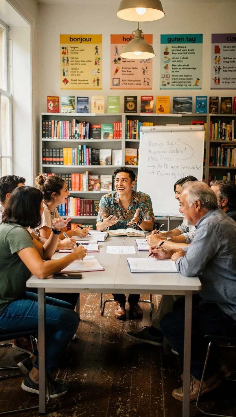 Ein Regal voller mehrsprachiger Bücher mit Lernmaterialien in einer Buchhandlung.