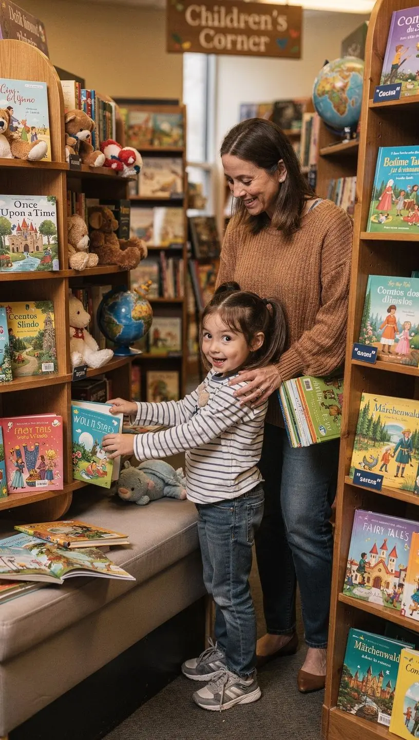 Bunte Buchcover mehrsprachiger Lehrbücher auf einem Tisch in einer Buchhandlung.