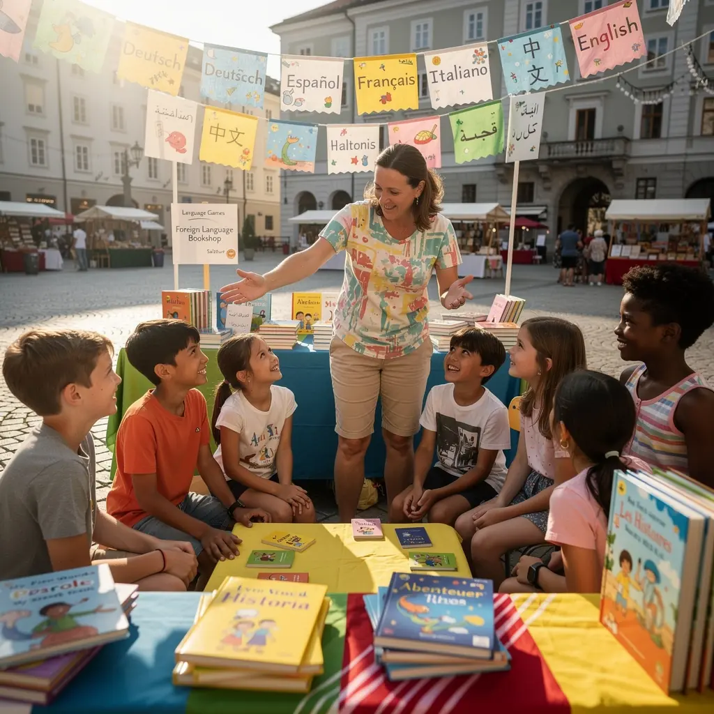 Ein Tisch mit verschiedenen internationalen Romanen und Lernmaterialien zur SprachfГ¶rderung.