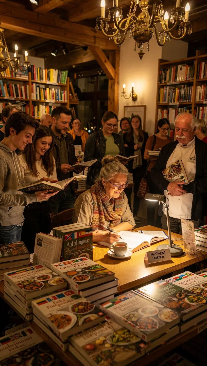 Ein Stapel von neu veröffentlichten internationalen Titeln auf einem Holzregal.