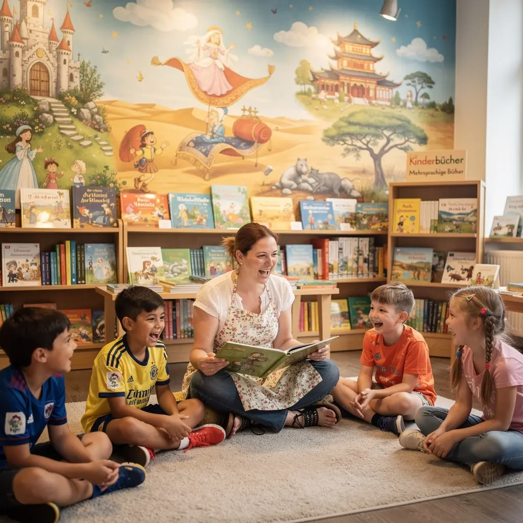 Ein Buchhändler, der Kunden bei der Auswahl von mehrsprachigen Büchern berät.